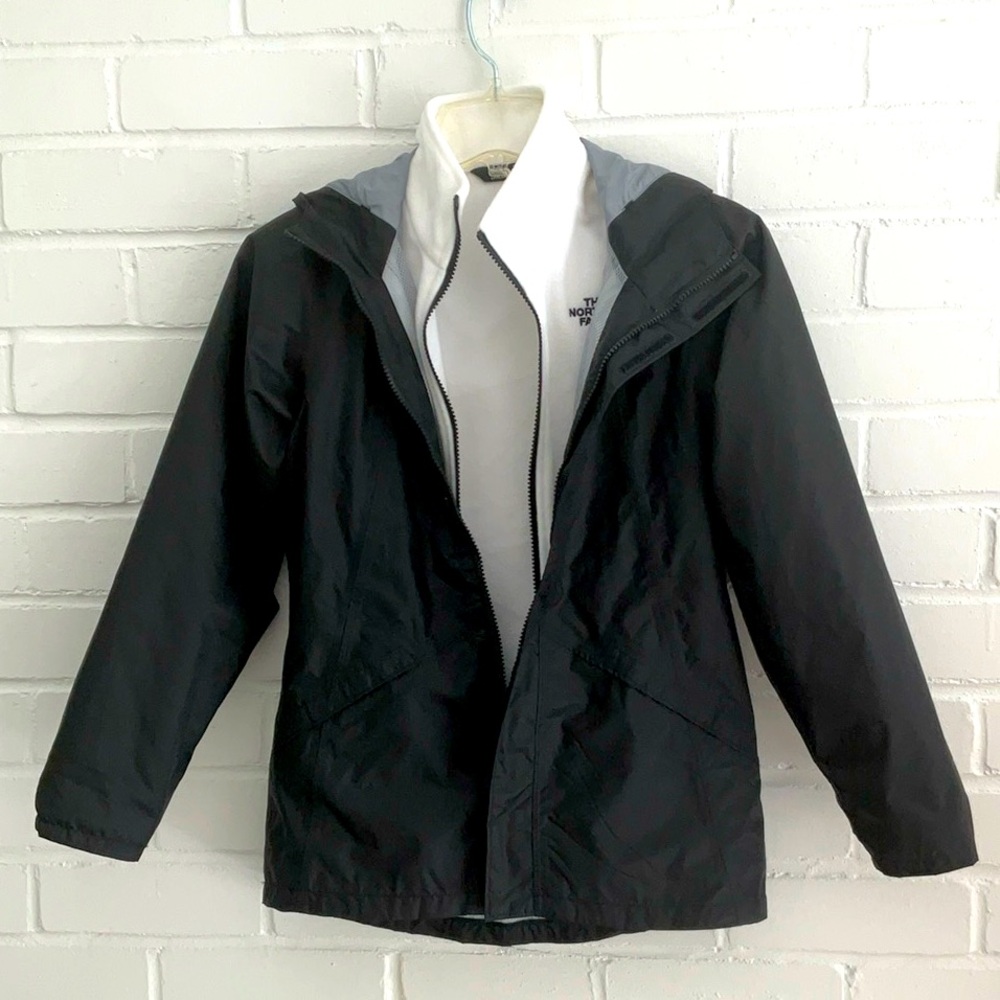 girls classic size 10/12 hooded fleece lined black northface windbreaker jacket